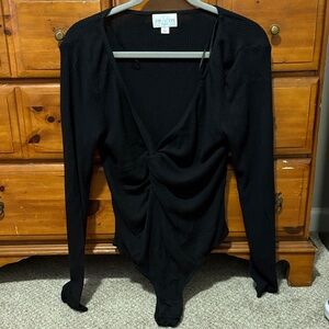 Elegant Black Long Sleeve Bodysuit with Tie Twist in the Middle